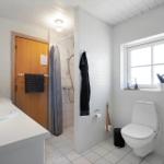 Badezimmer mit Dusche, Toilette und Waschtisch. Fenster mit Pflanze.