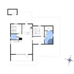 Wohnung mit Sauna, Küche und Schlafzimmer. Raumplan mit Orientierung.