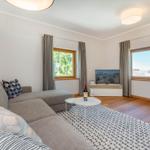 Wohnzimmer mit Sofa, Fernseher und zwei Fenstern mit Blick.