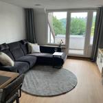 Wohnzimmer mit Sofa, Rundteppich und Balkonblick