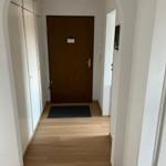 Hausflur mit Holzboden, weißer Wand und dunkler Tür