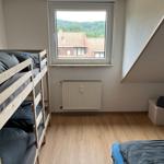 Zimmer mit Doppelstockbett, Fensterblick auf Dach und Wald, Holzboden und Heizkörper.