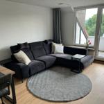 Ein Wohnzimmer mit dunklem Sofa, runden Teppich und Blick auf Balkon.
