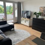Wohnzimmer mit Sofa, TV und Balkonblick. Holzboden und moderne Möbel.