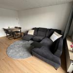 Ein Wohnzimmer mit grauem Sofa, runden Teppich und Esstisch im Hintergrund.