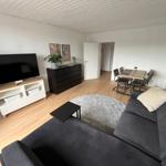 Wohn- und Essbereich mit Sofa, Fernseher und Esstisch.