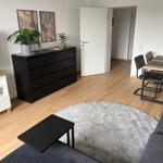 Wohnzimmer mit Sofa, Esstisch und Schrank. Holzboden und grauer Teppich.