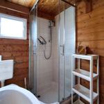 Detailansicht des Badezimmers mit Dusche, Waschbecken und praktischen Ablagen