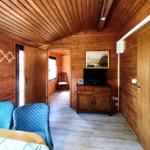 Wohnraum mit Holzwänden, blauen Stühlen und Fernseher auf Holzschrank.