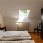 Schlafzimmer mit Dachfenster, Bett, Kleiderschrank und Stuhl.