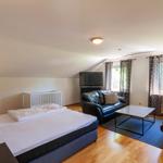 Schlafzimmer mit Bett, Wohnbereich mit Sofa und Fernseher, Holzboden und Fenster mit Vorhängen.