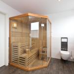 Duschbad mit Holzsauna, Toilette und Fenster