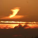 Sonnenuntergang mit orangefarbenen Wolkenformationen und dunklen Silhouetten am Horizont.