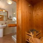 Sauna mit Holzbank und Eimer. Nebenraum mit Dusche und Waschbecken.