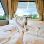 Zwei Handtücher in Form von Schwänen auf dem Bett. Durchgehendes Fenster mit Blick auf Grün.