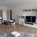 Wohn- und Essbereich mit TV, Tisch und Stühlen sowie Schränken und Holzboden.