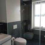 Badezimmer mit Dusche, Toilette und Waschbecken. Fenster mit Blick nach draußen.