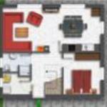 Übersicht über die Wohnung mit Küche, Essbereich und Schlafzimmer.