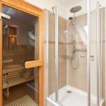 Dusche mit Duschbrause und Sauna mit Holzbank.