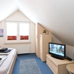 Schlafzimmer mit Bett, TV und Kleiderschrank unter Dachschrägen.