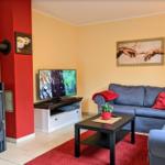 Wohnzimmer mit Sofa, Fernseher und Kaminofen. Wandbild und roter Teppich.