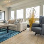 Living room with sofa, armchair, table, and windows. Blue rug and plant.