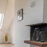 Room with skylight, fireplace, and plant. White walls and wooden floor.
