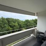 Terrasse mit Blick auf grüne Bäume und Horizont
