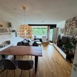Essbereich mit Holztisch und Stühlen. Wohnbereich mit Sofa, Fernseher und Holzwand.