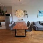 Essbereich mit Holztisch, grauen Stühlen und Sofa. Küche mit Kühlschrank und Mikrowelle.