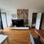 Wohnzimmer mit Holzfußboden, Fernseher und Schlafzimmer im Hintergrund.