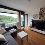 Wohnzimmer mit Sofa, Fernseher und Balkon mit Blick auf Bäume.
