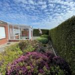 Hinterhof mit Hecke, Blumenbeete und überdachtem Bereich.
