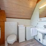 Badezimmer mit Toilette, Waschmaschine und Waschbecken unter Holzdecke.