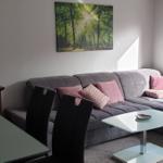 Ein Wohnzimmer mit grauem Sofa, rosa Kissen und Glas-Tisch. An der Wand hängt ein Bild.