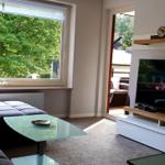 Wohnzimmer mit Sofa, Glas-Tisch und Fernseher. Blick auf grüne Bäume durch das Fenster.