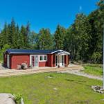 Rotes Ferienhaus mit Terrasse und schwedischer Flagge im Wald