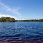 Ein ruhiger See mit einem kleinen Insel im Zentrum und Wald am Ufer unter blauem Himmel.
