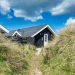 Hütte mit weißer Tür zwischen hohen Gräsern unter blauem Himmel.
