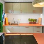 Küche mit orangefarbenem Arbeitsplatz, hellen Schränken und Pflanzen auf der Arbeitsfläche.