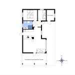 Zwei Schlafzimmer, Küche, Bad und überdachte Terrasse mit Kompass.