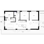 Dieses Haus hat drei Schlafzimmer, eine Küche, ein Bad und eine Terrasse.