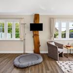 Living room with wooden floor, two windows, TV on log, and gray dog bed.
