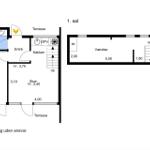 Funktionaler Grundriss mit Küche, Bad und Terrasse. Zwei Etagen mit Wohnbereichen.