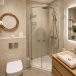 Bad mit Dusche, Waschtisch und Toilette. Dekoration mit Orchidee und runden Wandobjekt.