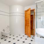 Badezimmer mit Dusche, Waschbecken und Toilette. Fliesenboden und Holztür.