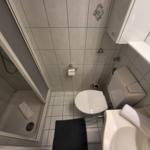 Badezimmer mit Dusche, WC und Waschbecken.