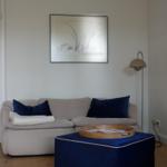 Ein Wohnzimmer mit grauem Sofa, blauen Kissen und einem blauen Sitzkissen. An der Wand hängt ein Bild.