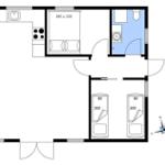 Wohnung mit Küche, Bad, Schlafzimmer und zwei Schlafgelegenheiten.