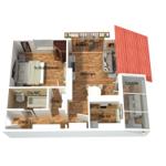 Wohnung mit Schlafzimmer, Küche, Bad und Balkon. Loggia und Wohnbereich mit Sitzgelegenheit.